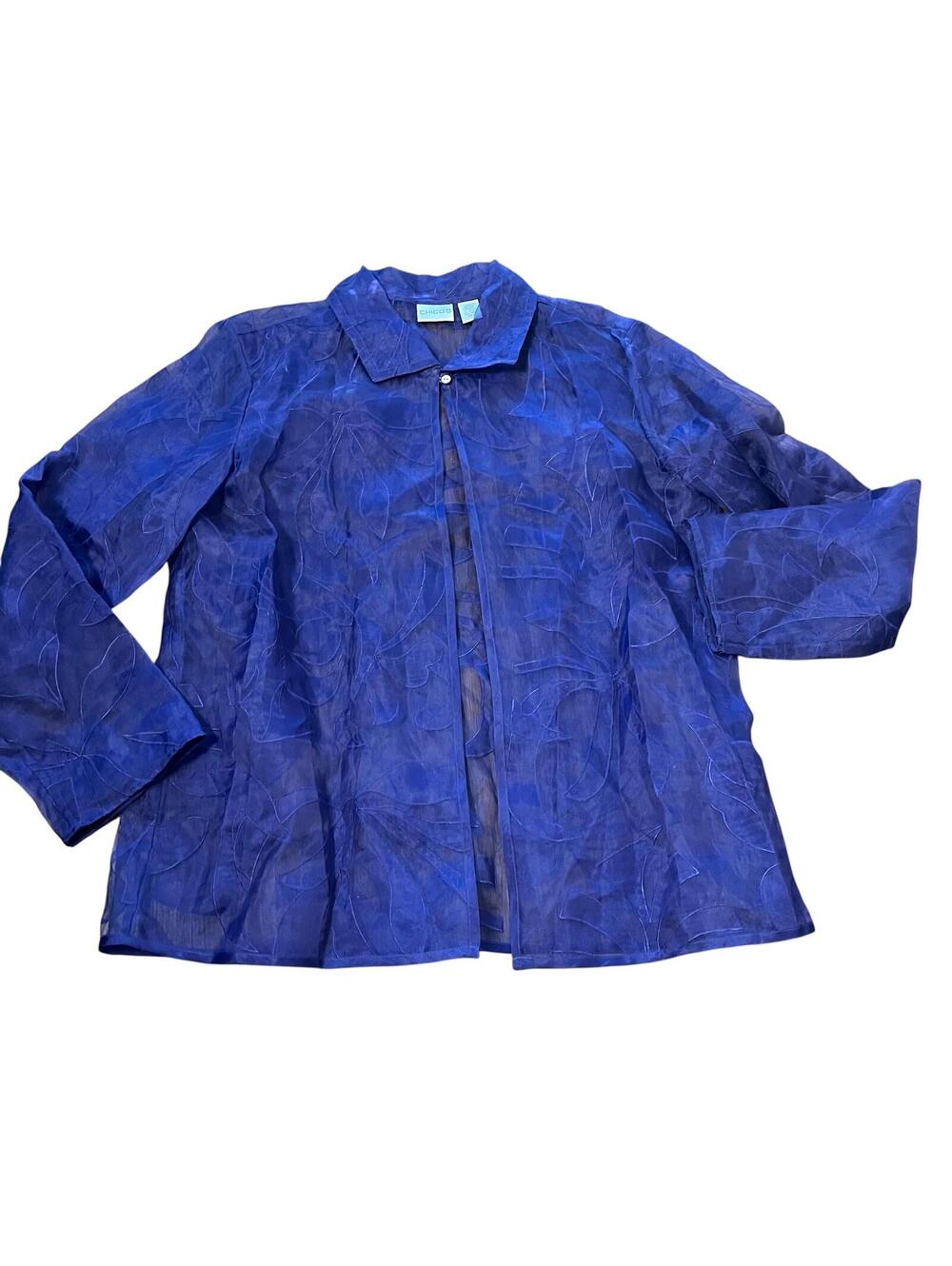 Chico's Women's Blue Sheer Embroidered Button-Up Jacket Size Medium